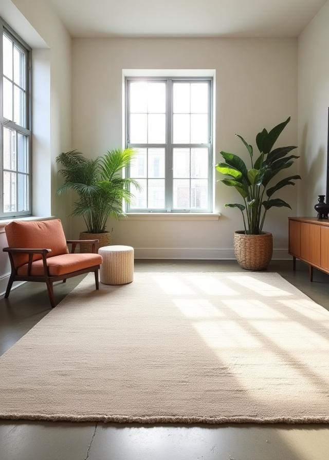 A handwoven beige rug in a modern Toronto loft interior.